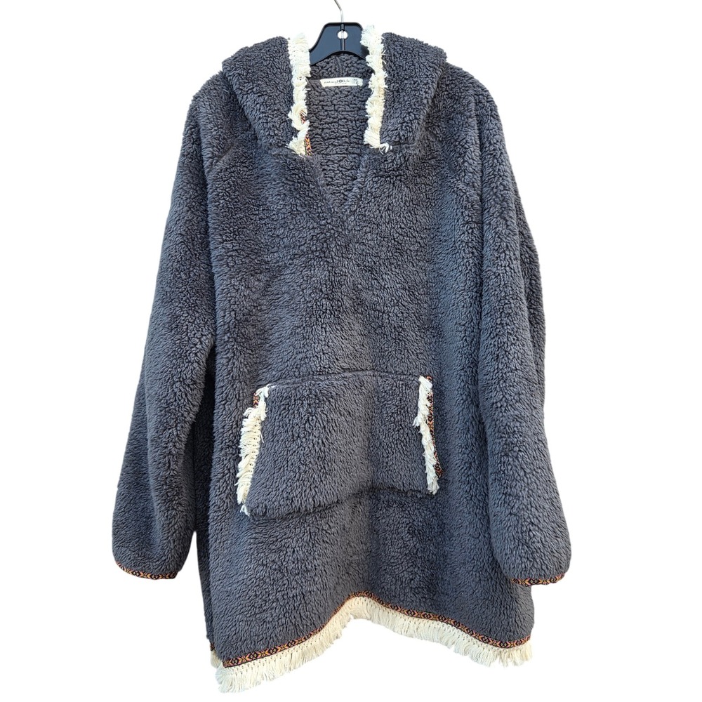 Natural Life Oversized Sherpa Blanket Hoodie Gray Fringe Trim Boho One Size Eco